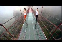 The 600-feet-high and 1,000-feet-long glass bridge is terrifying to look down while walking on the bridge.