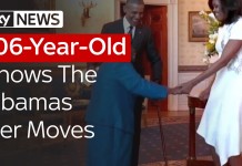 106-year-old Virginia McLaurin walks into the White House, yells 'Hi!' to President Obama, opening her arms wide with excitement as he comes over and takes her hands.